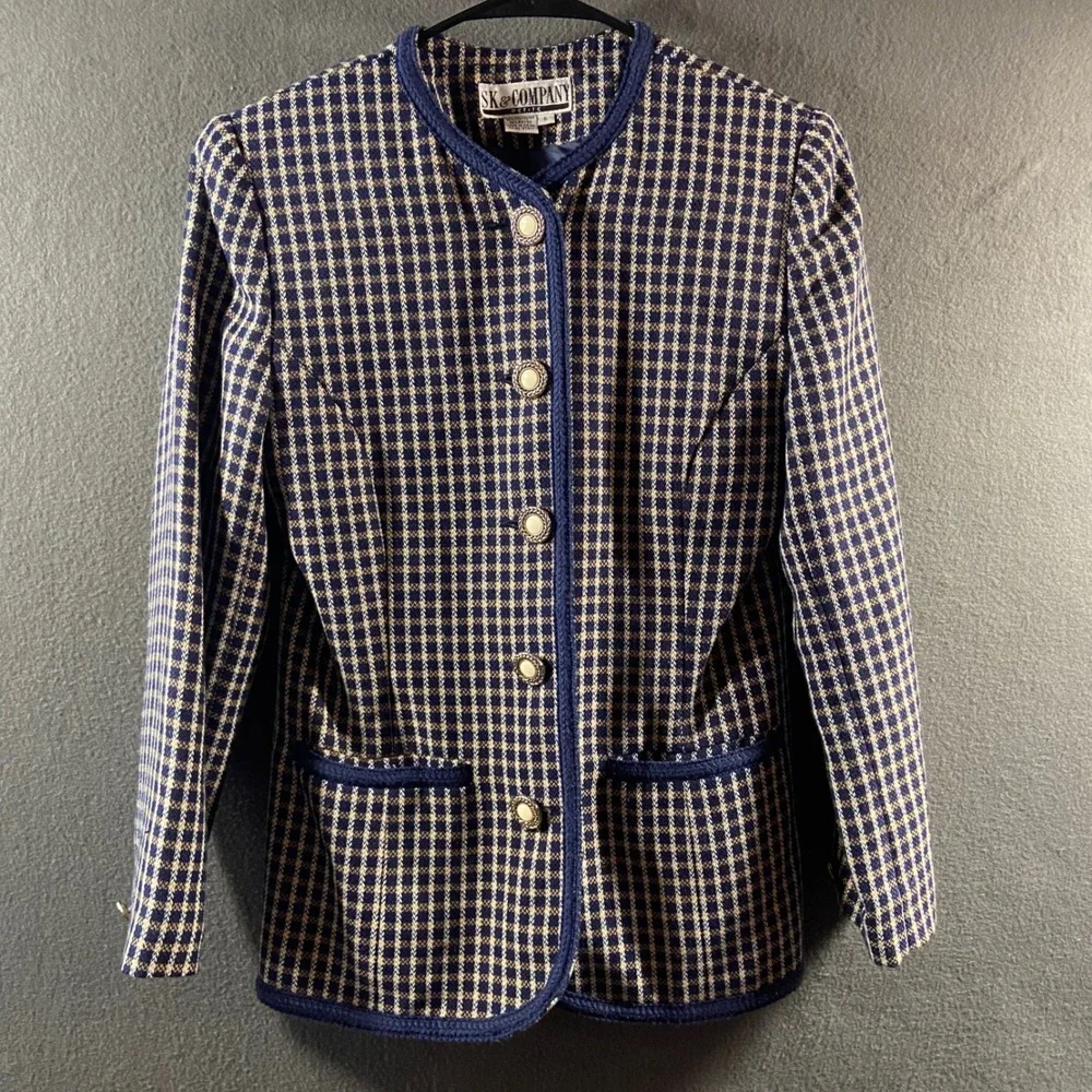 vintage tweed blazer navy plaid pearl button twee coquette academia 6p office